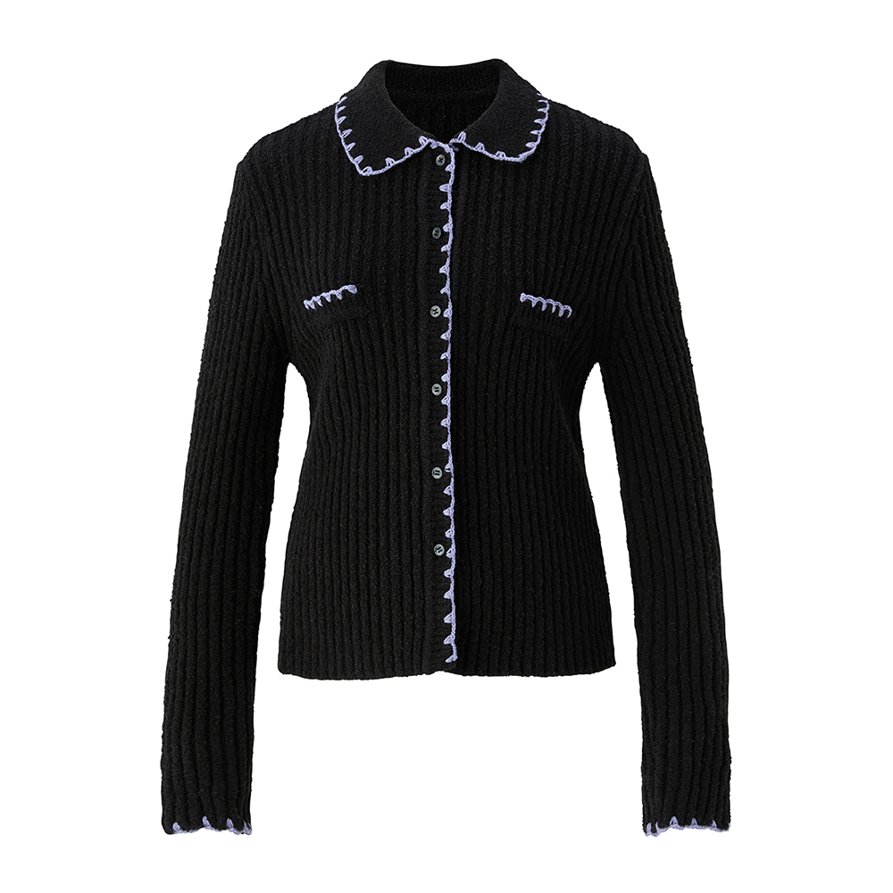 Embroidery collar knit top - Black