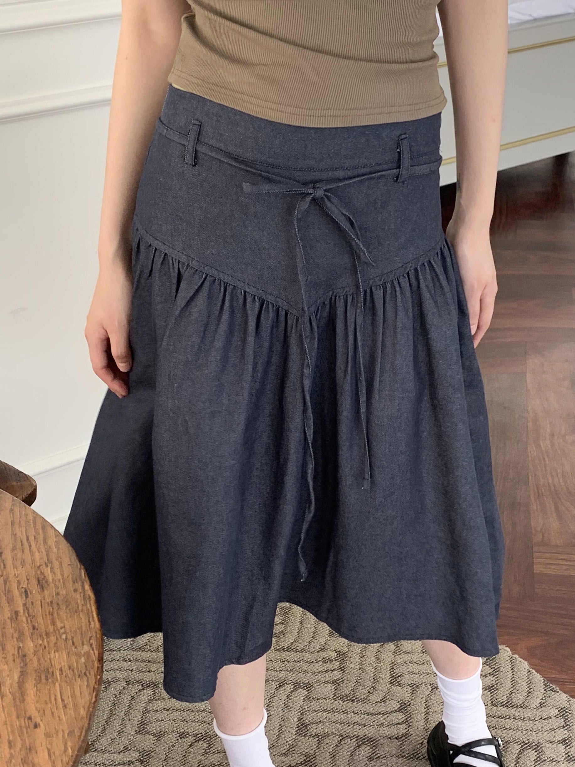 Sage Ribbon String Belt Back banding Indigo Denim Flare Midi Skirt