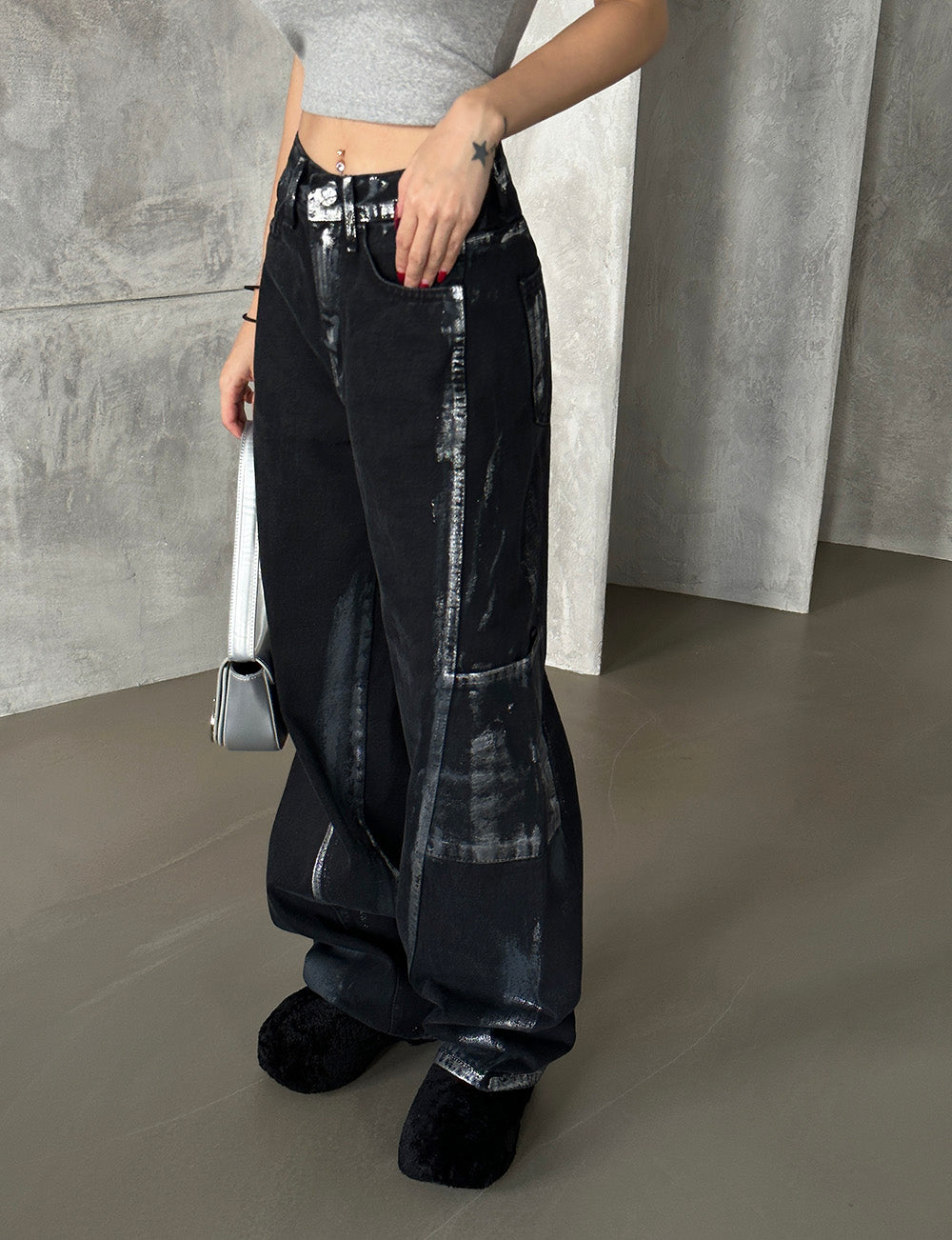 Silver Painting Black Blue Wide Pants