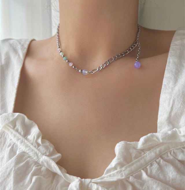 fer Pastel Opal Light Purple Beads Ball Two-Way Drop Necklace