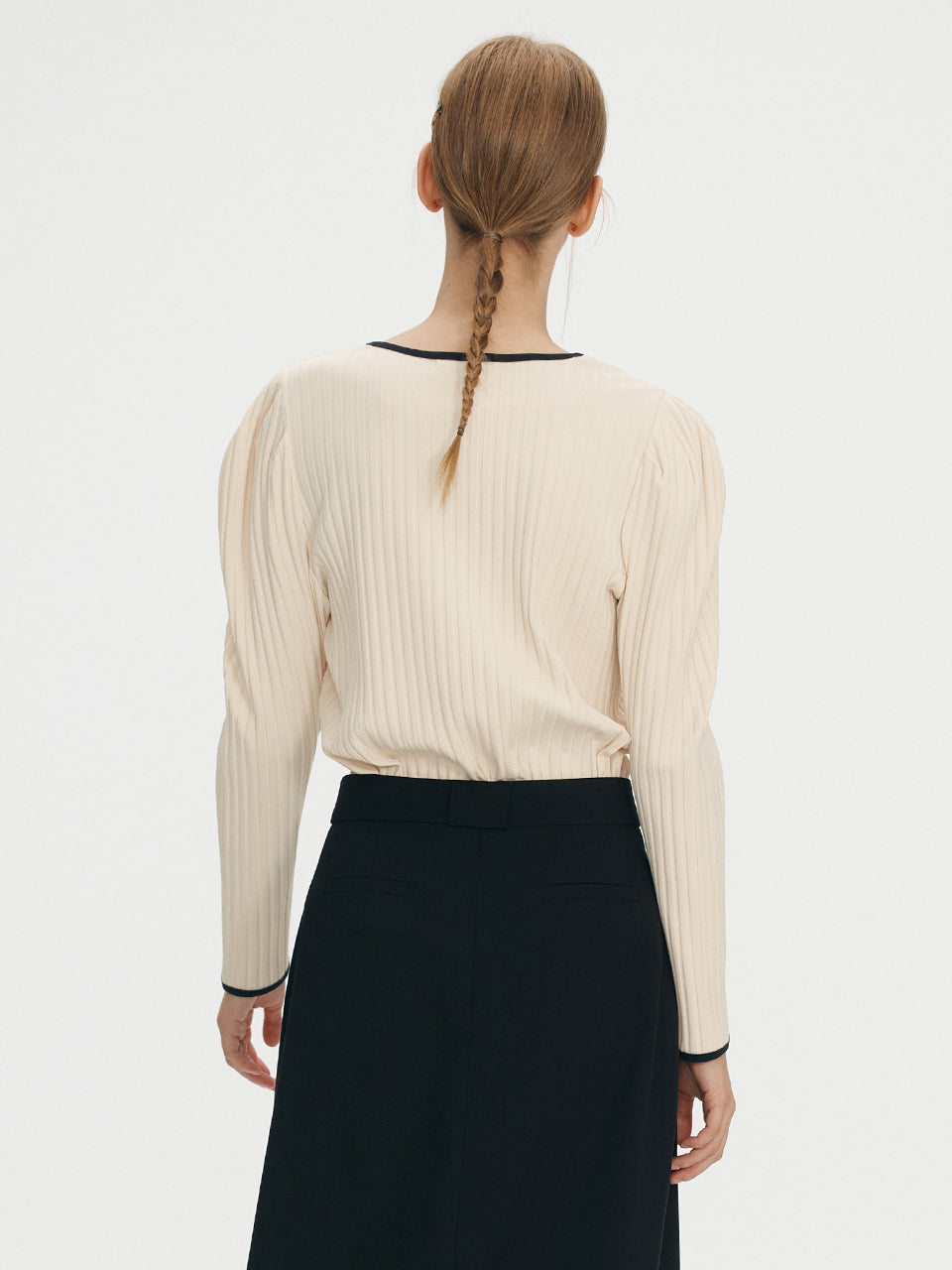 Square neck ribbed puff top - Cream