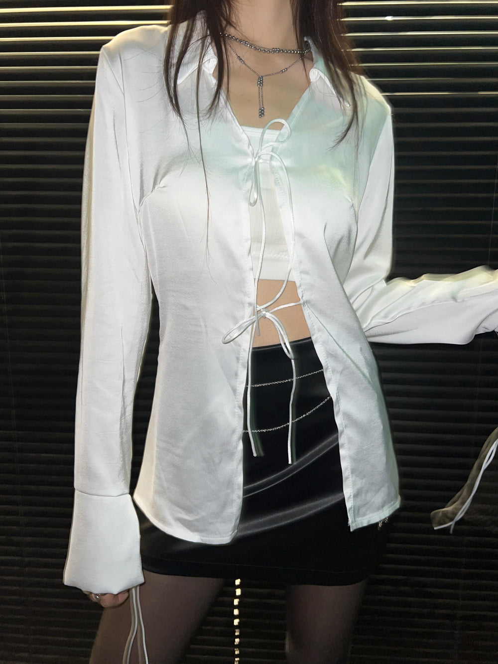 Satin lace-up tie blouse (2 Color)