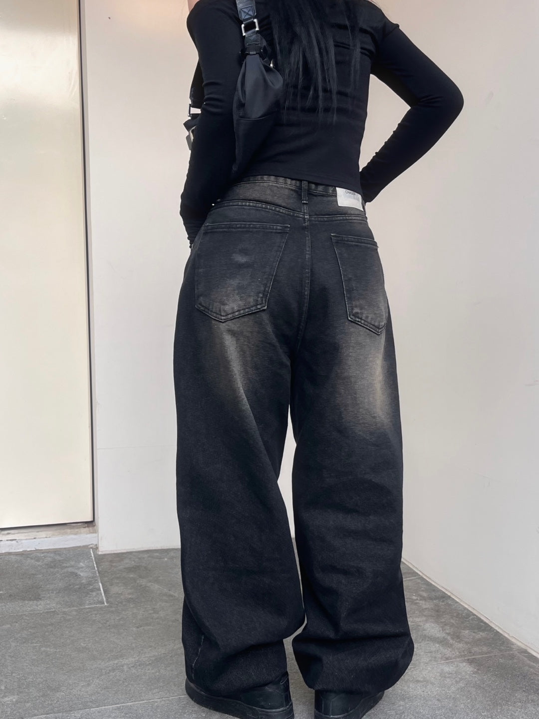 : Washing Detail Wide Fit Black Denim Pants