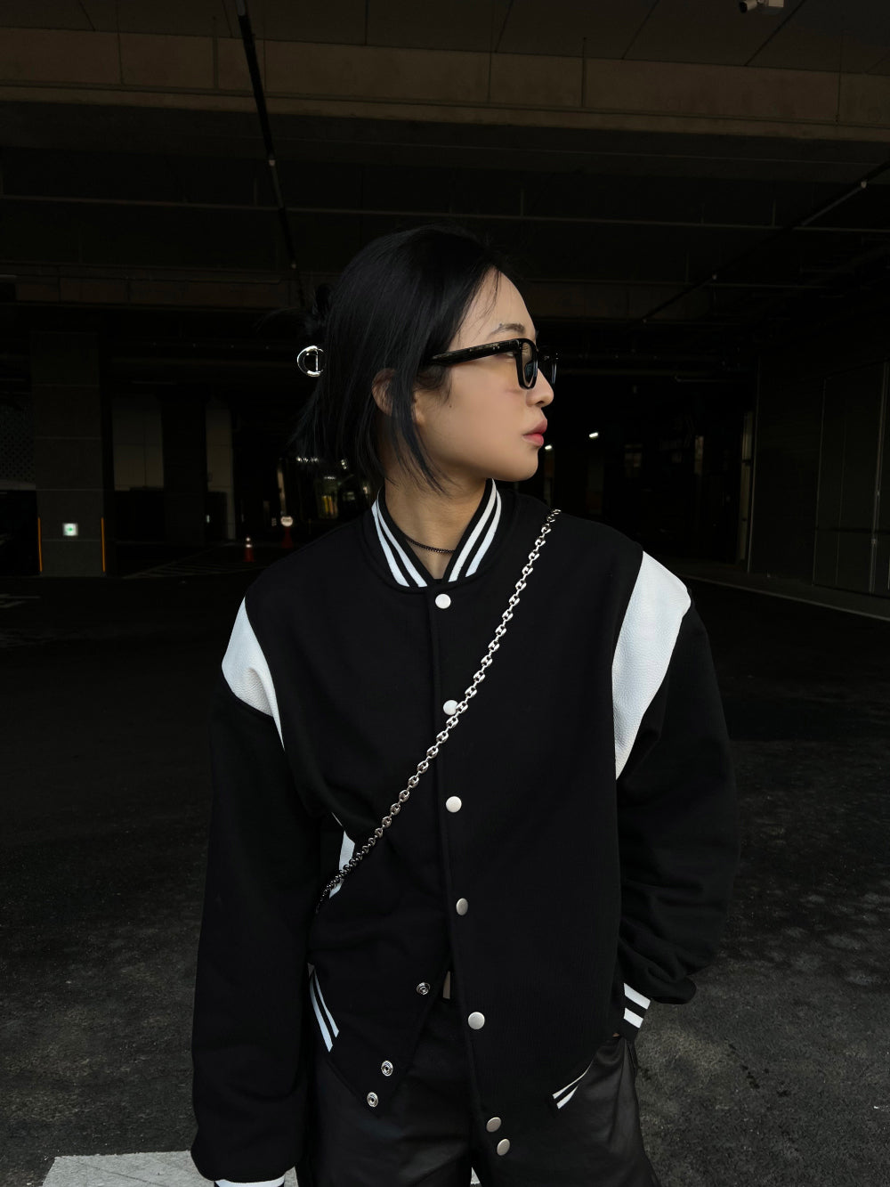 [UNISEX] Varsity stadium leather point jacket (Black)