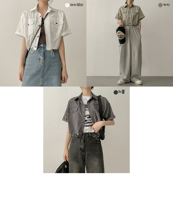 Ribbon roll-up string short-sleeved shirt jacket