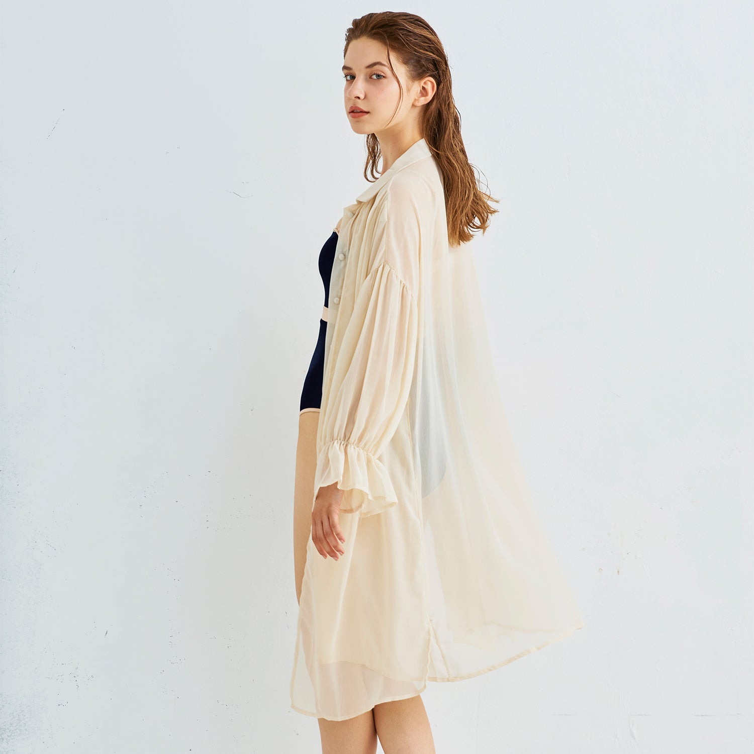 Ruffle sleeve see-through shirt long robe - ivory