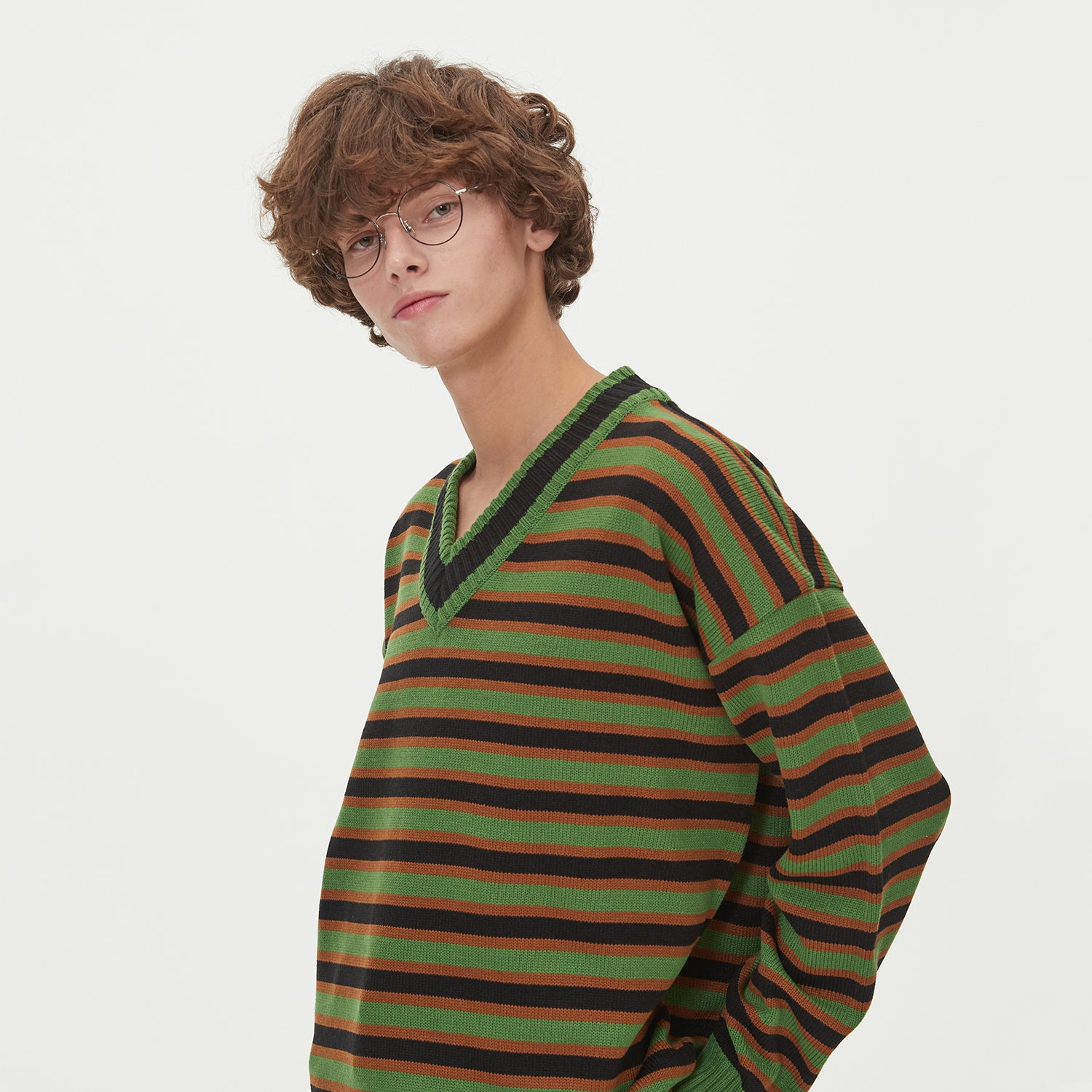 STRIPE V NECK KNIT_GREEN