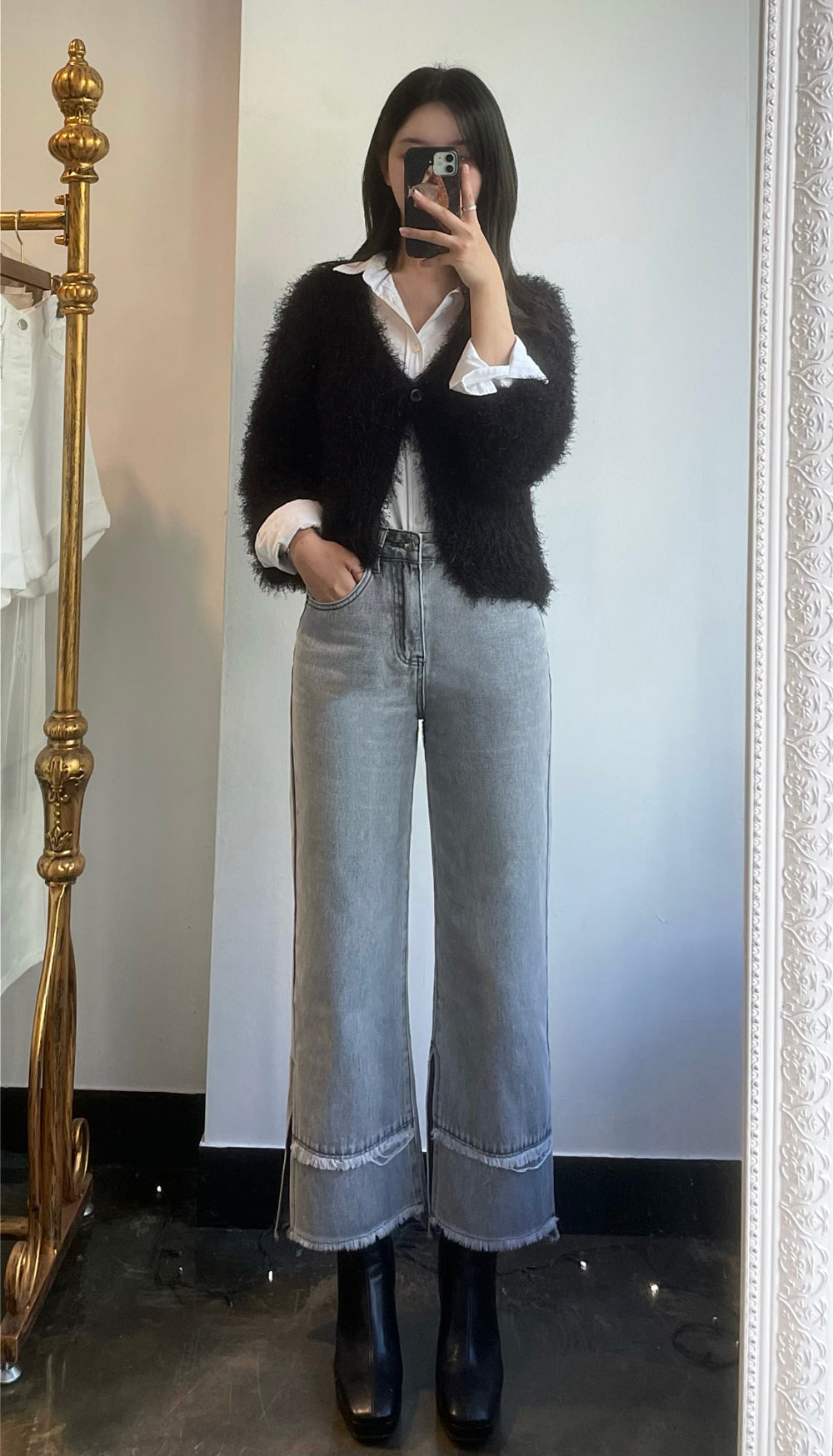 SEMI WIDE FIT SINGLE DIRECTION SLIT GREY DENIM PANTS [17713]