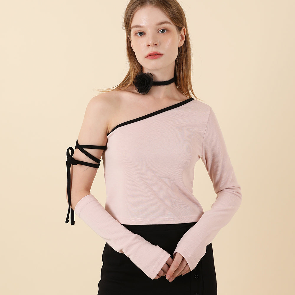 Strap Off Shoulder Warmer T-shirt Pink