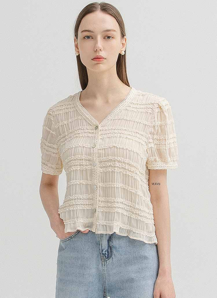 (R-BL-4021) Lace Pleated V-Neck Blouse