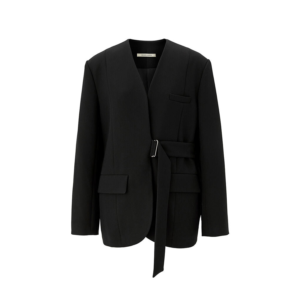 Belted no collar jacket - Black