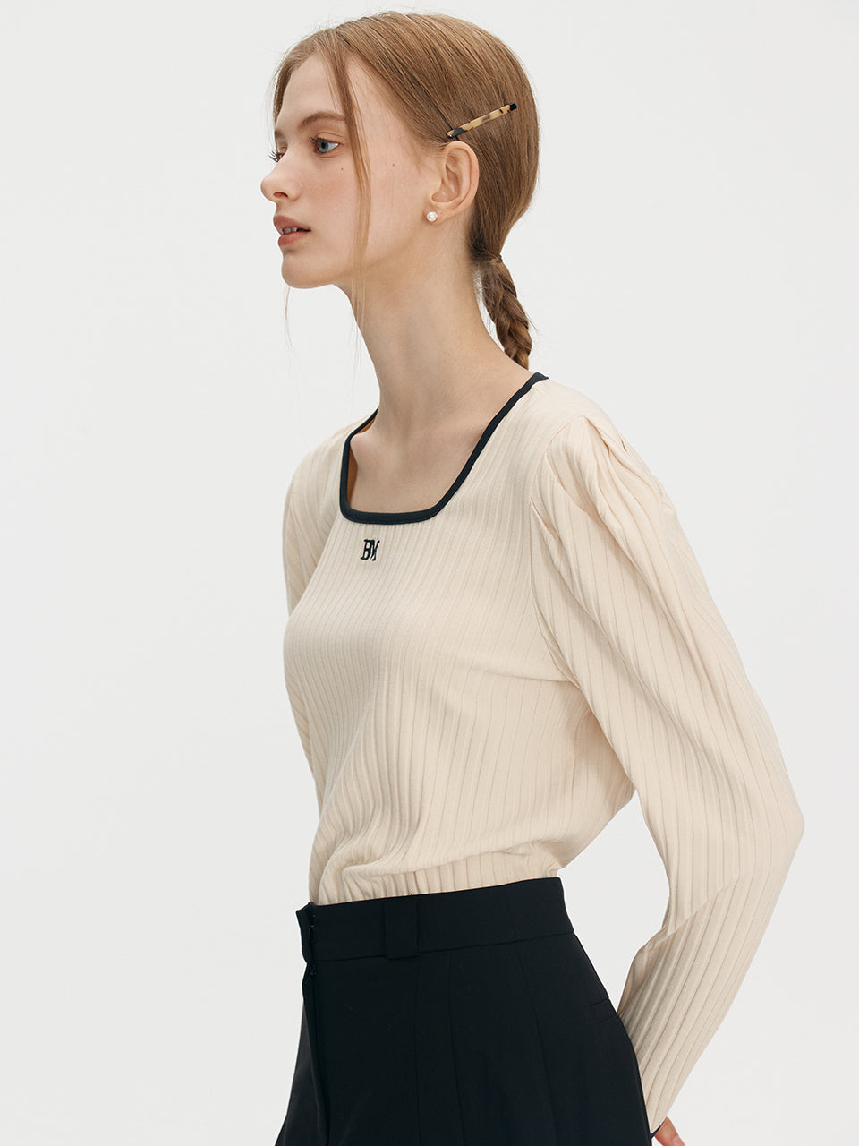 Square neck ribbed puff top - Cream