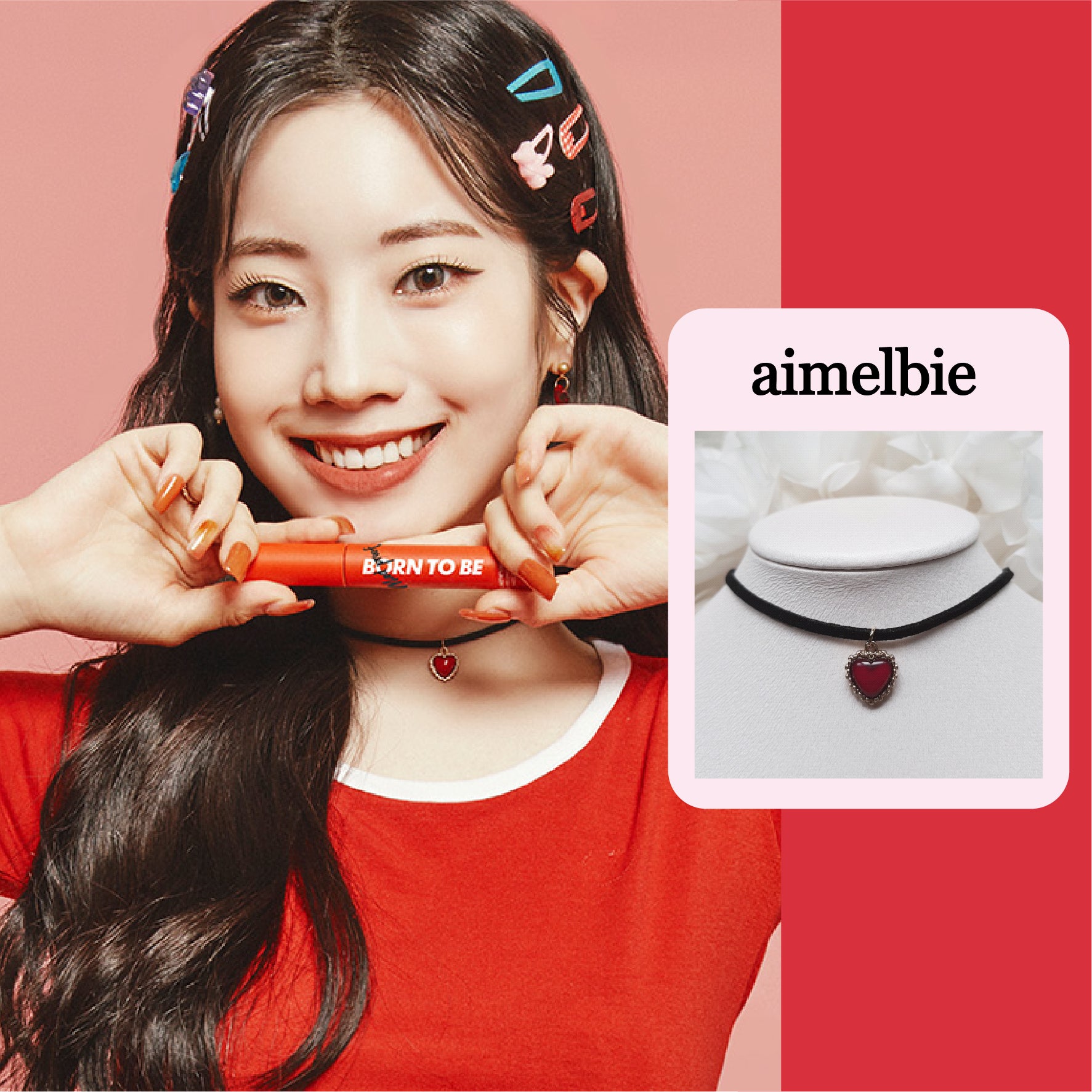  Burgundy Heart Earrings and Choker Set (Twice Dahyun, VIVIZ Eunha, Kep1er Dayeon, Choi Yena Choker)