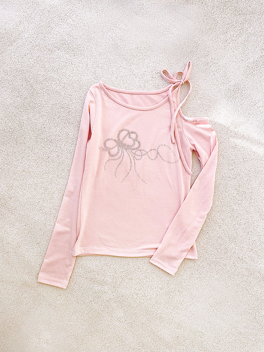 Twinkle Ribbon Cubic One Shoulder T-Shirt (Pink)