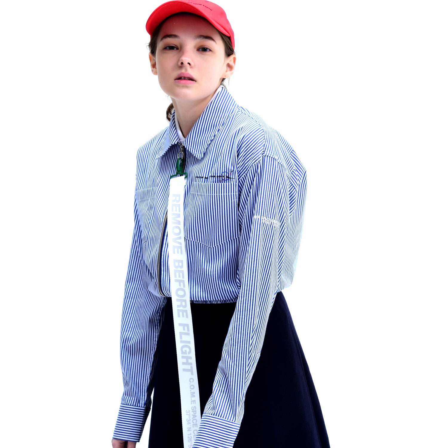 [UNISEX] Removable Strap Cropped Shirt (STRIPE)