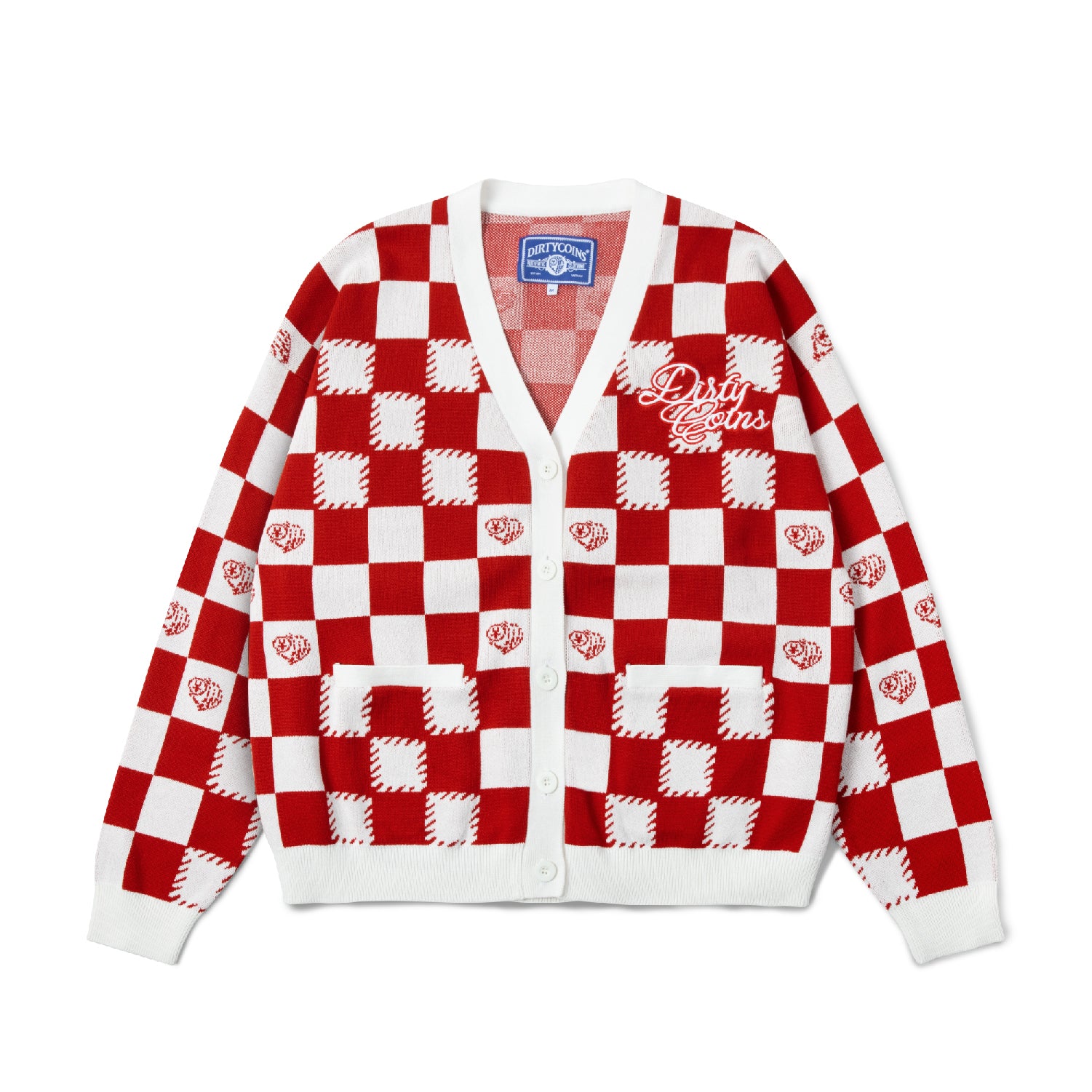 Checkerboard Knit Cardigan - Red