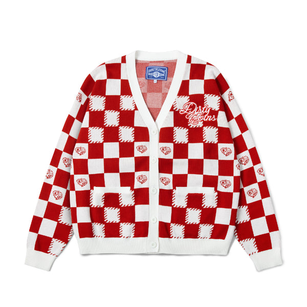 チェッカーボードニットカーディガン / Checkerboard Knit Cardigan - Red