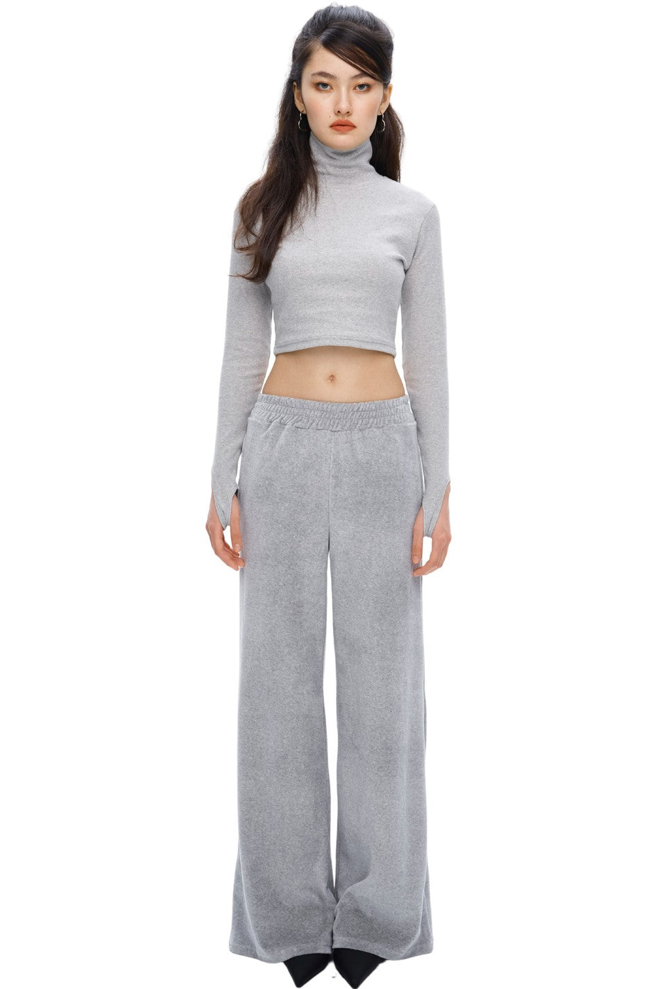 [IPT006-10] VELOURS GLITTER LOGO WIDE PANTS GRAY