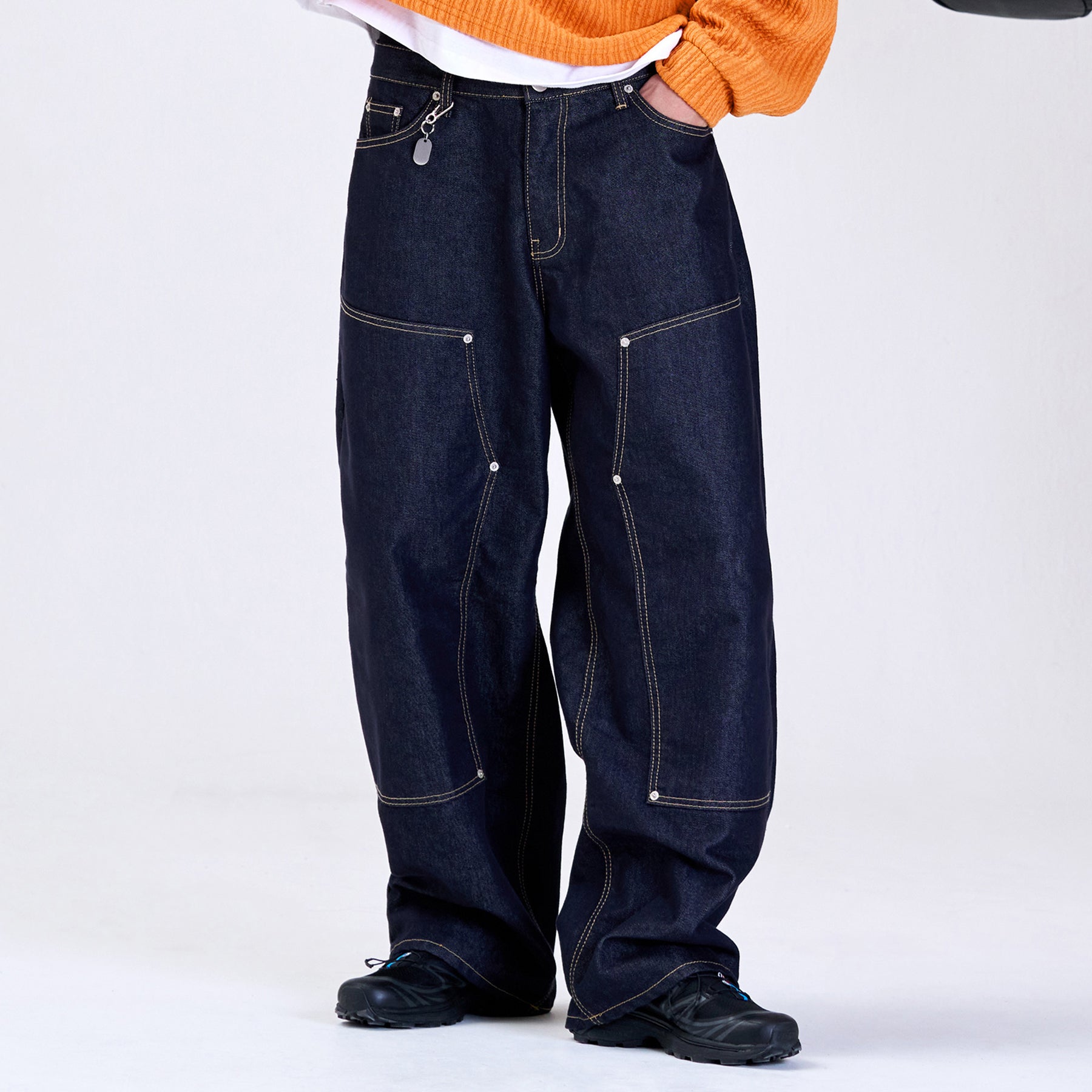 WIDE DOUBLE-NEE DENIM PANTS INDIGO BLUE