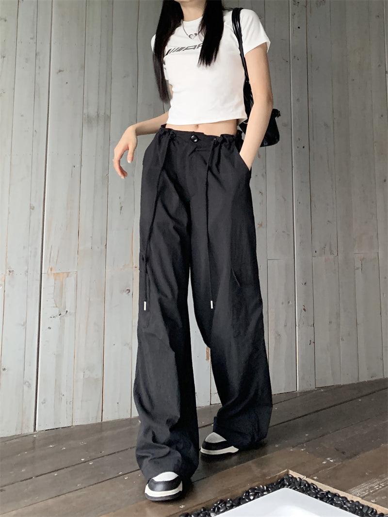 Black nylon long strap cargo pants