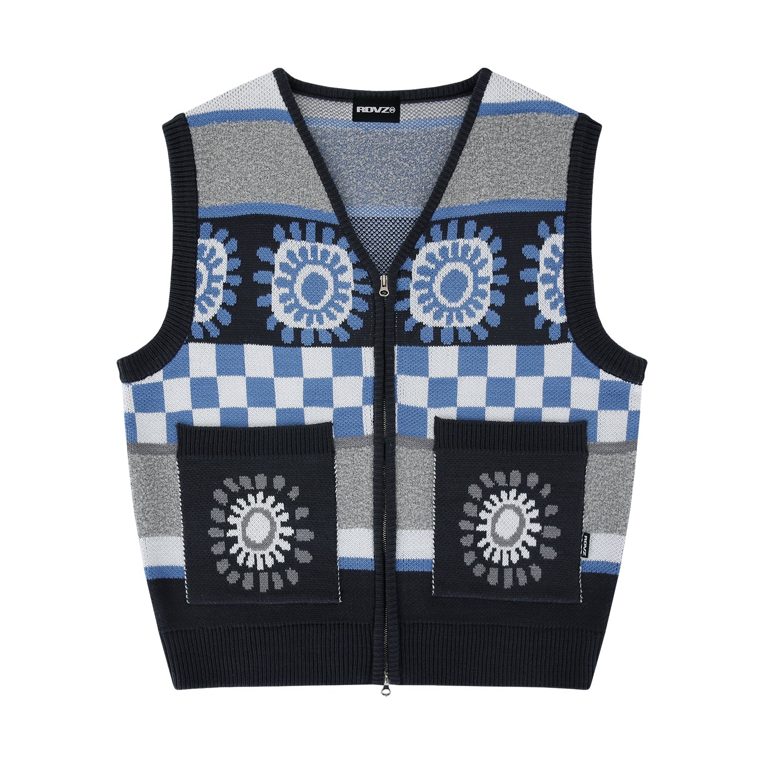 SECRET PATTERN KNIT ZIP UP VEST - BLUE