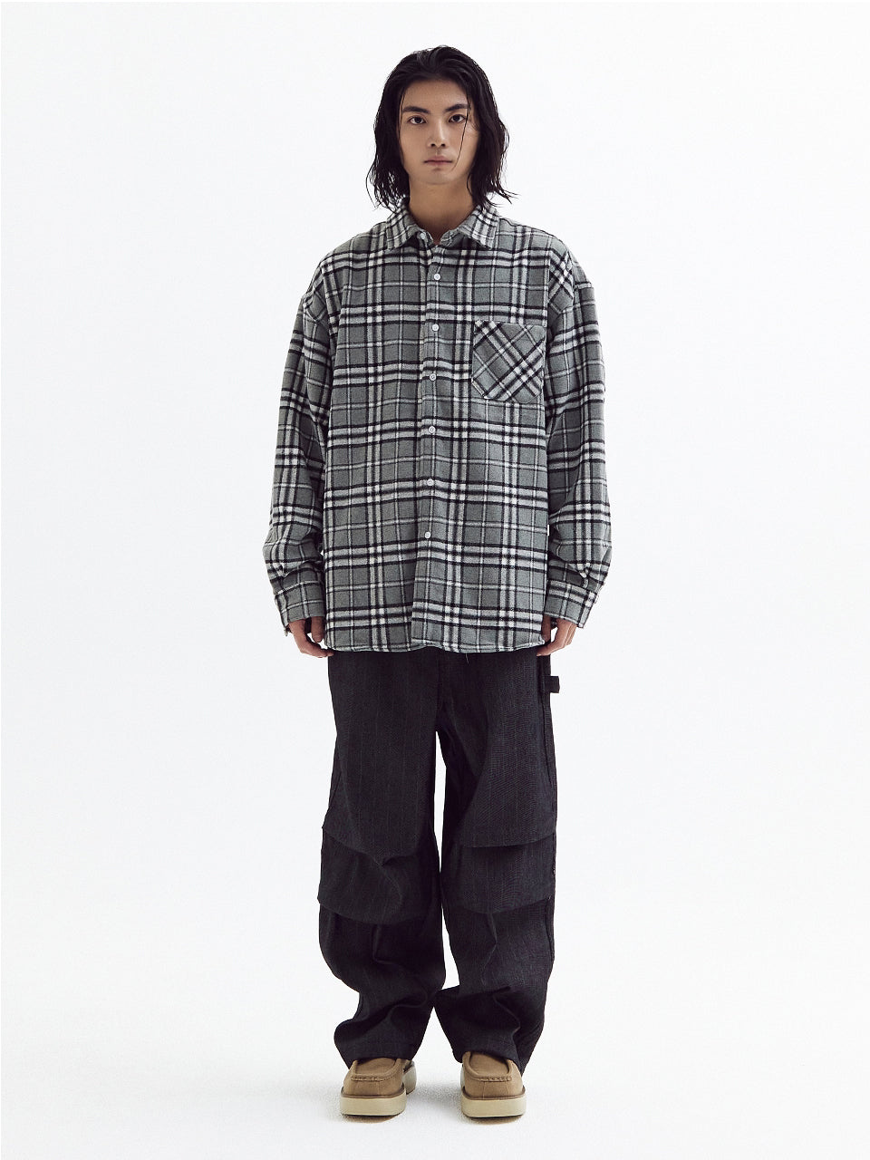 Loose wool check shirts Gray