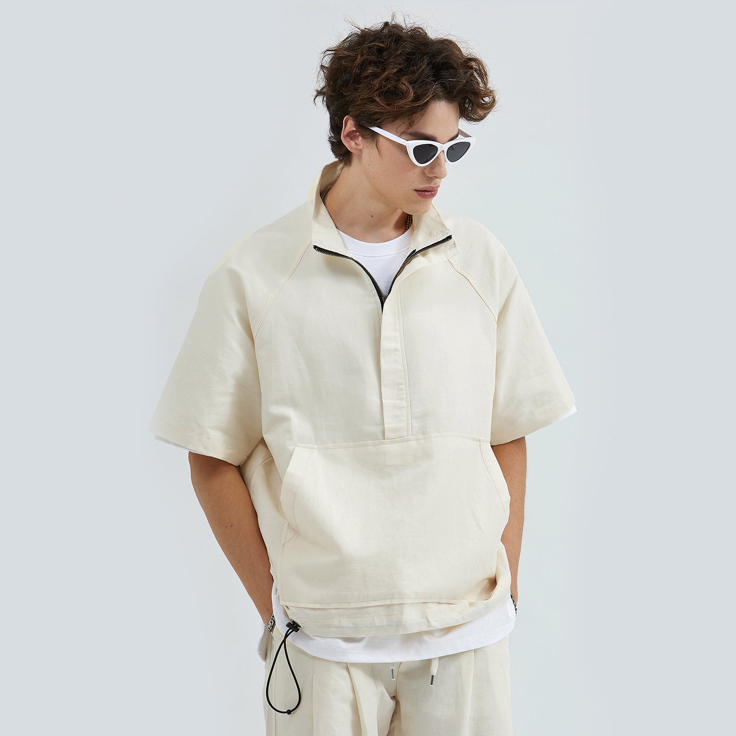 Linen String Detail Anorak (CREAM)