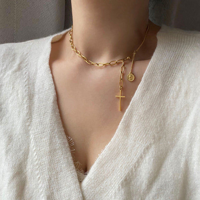 soe Cross Coin Two Way Bold Short Long Necklace