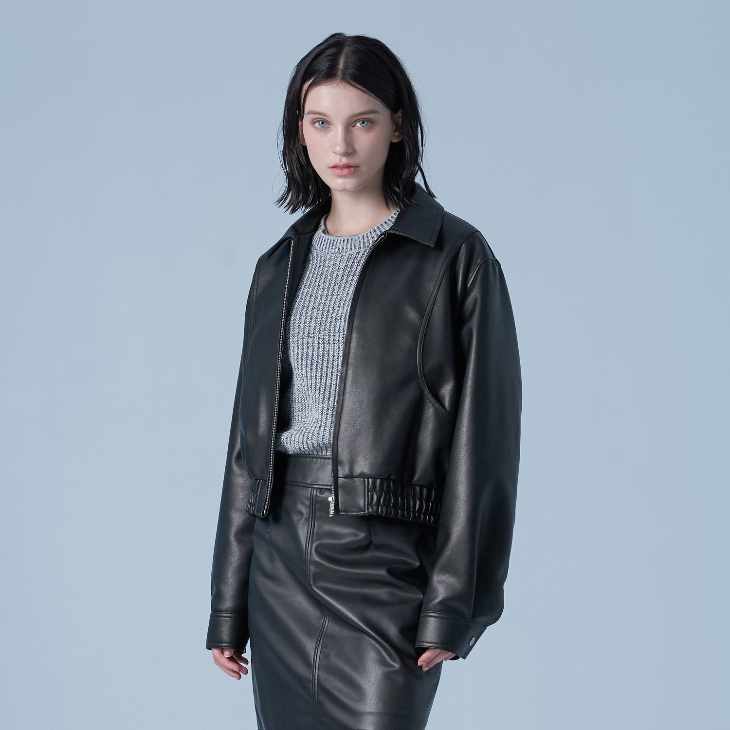 Overfit Curved Leather Blouson (Black)