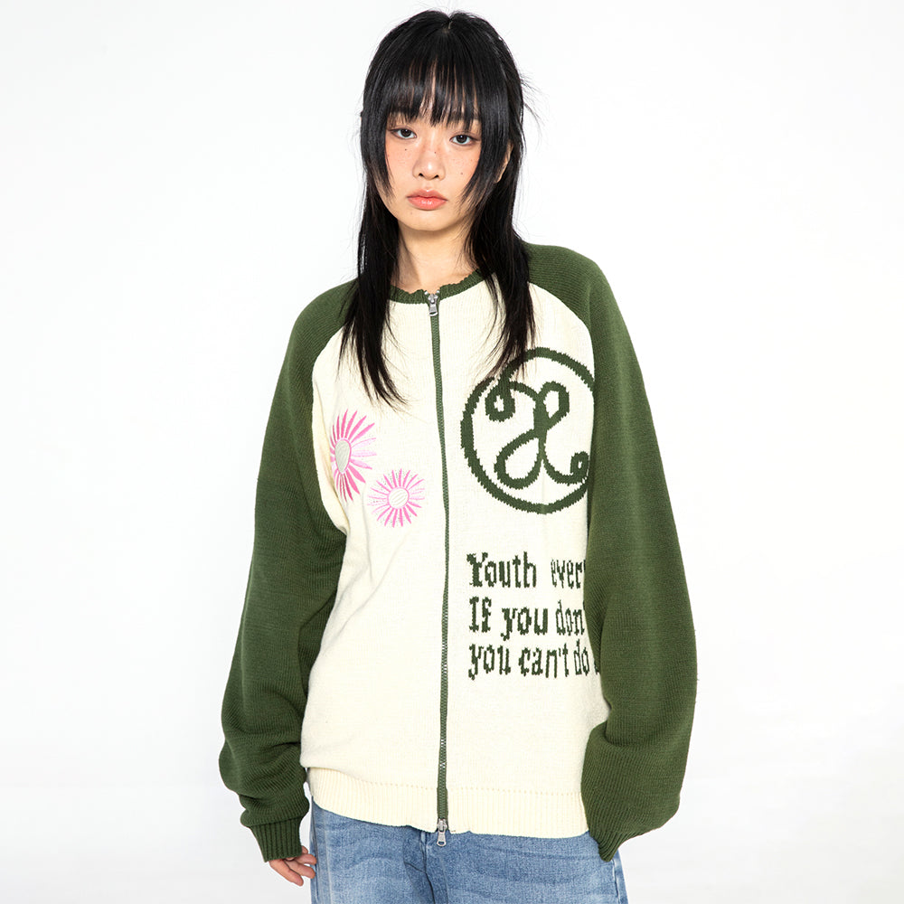 XTK073 Flower Raglan Knit Zip-Up (KHAKI)