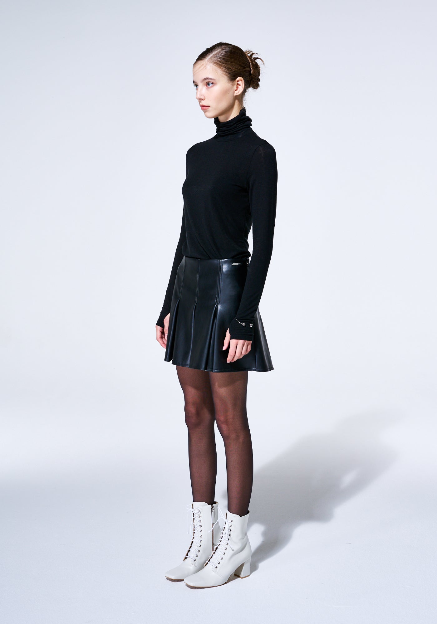 BLACK GODET PLEATED VEGAN LEATHER SKIRT