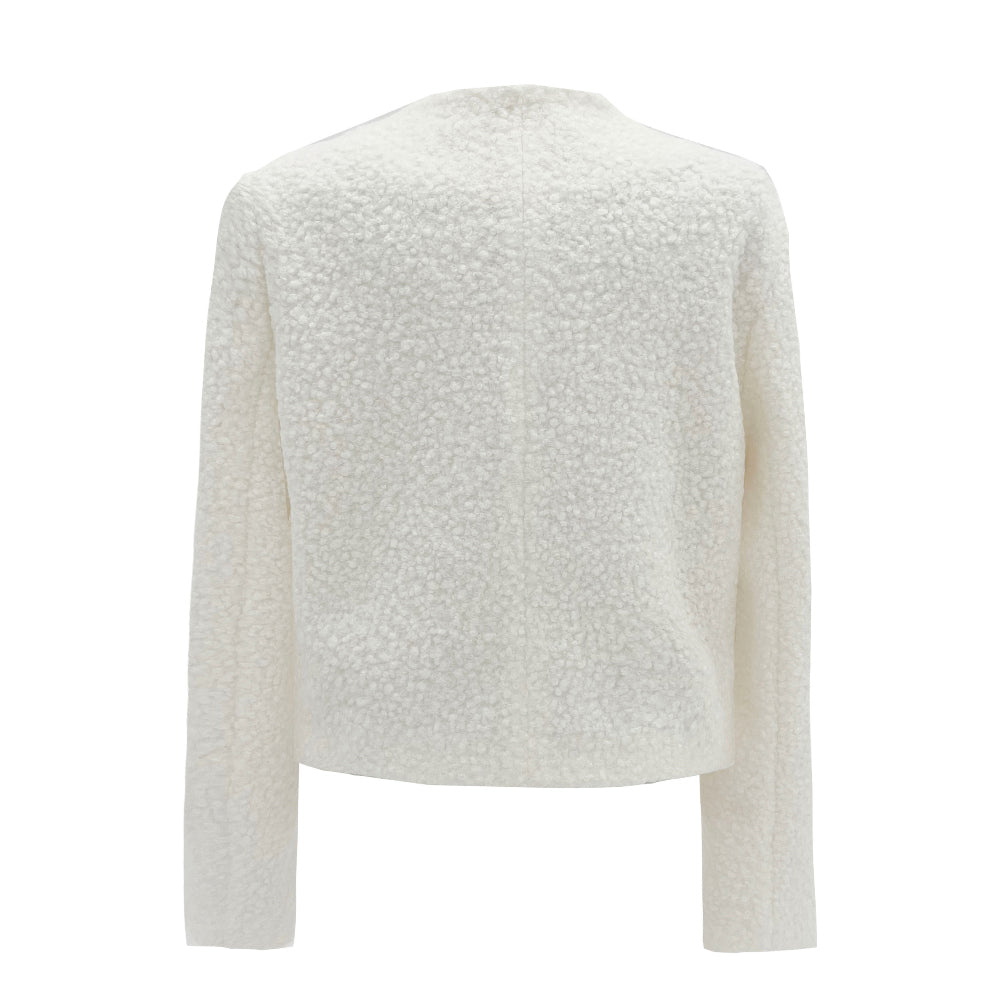 Boucle no-collar zip-up jacket (White)