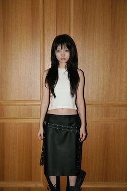 EYELET STRAP MIDI LEATHER SKIRT