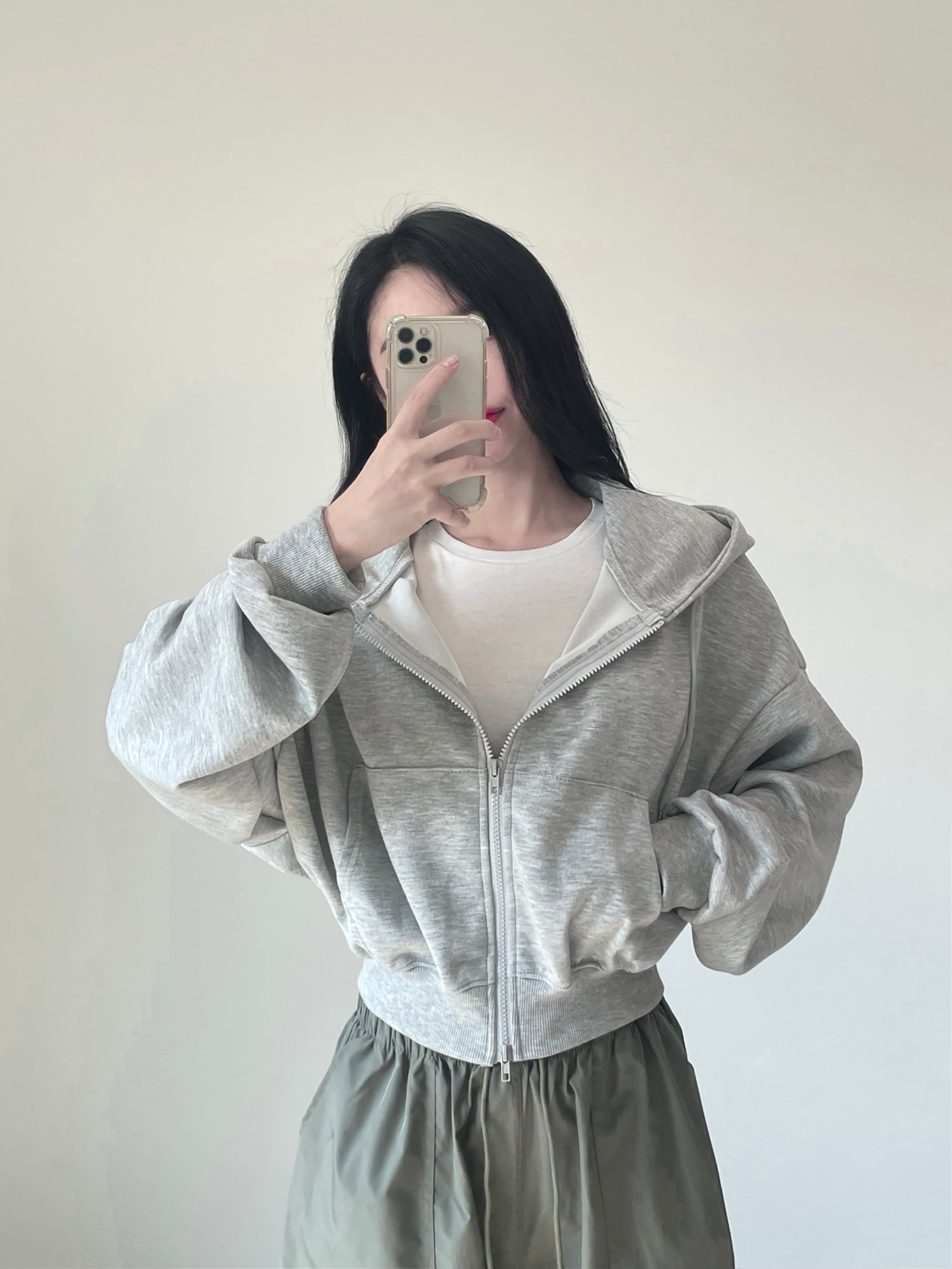 W Crop hood zip up