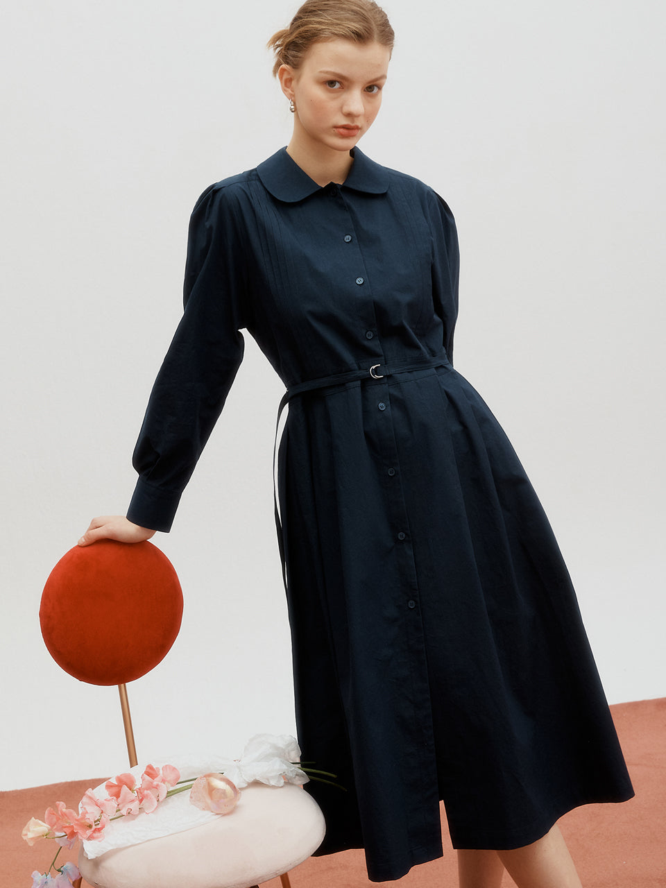 Pintuck cotton dress - Navy