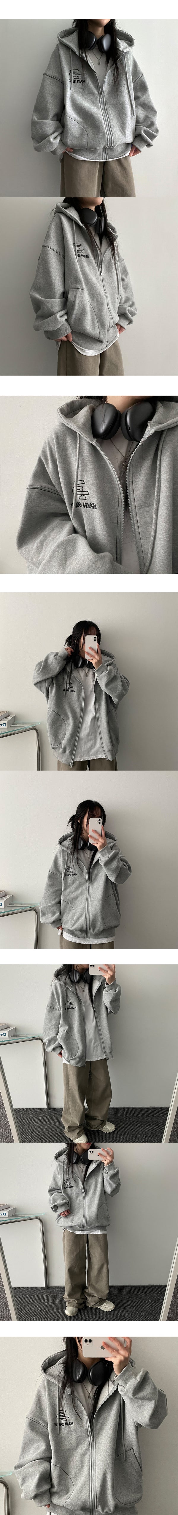 [fleece] Bipitan oversized fit stitch hooded zip-up jumper