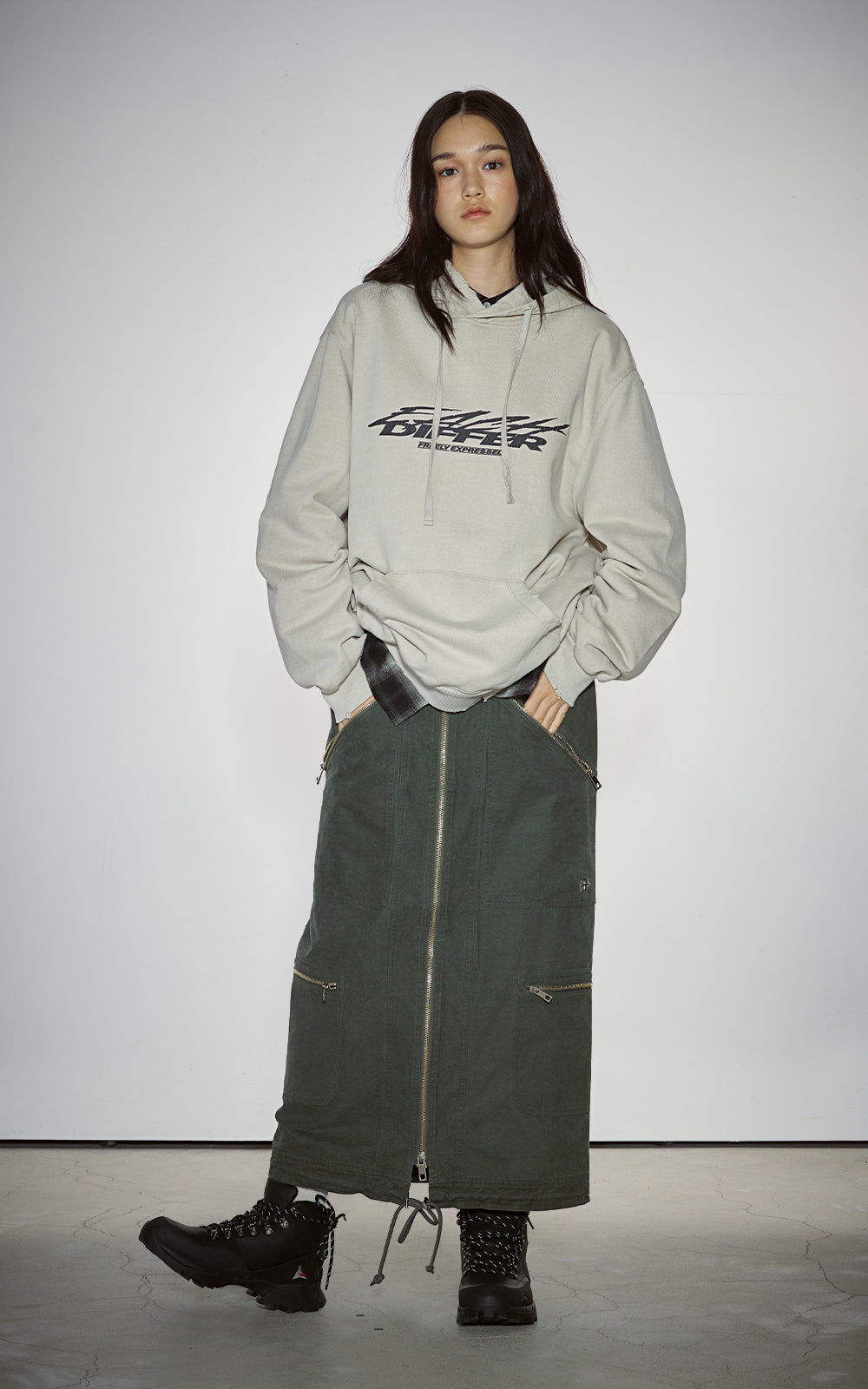 WASHED 2WAY ZIP SKIRT_KHAKI