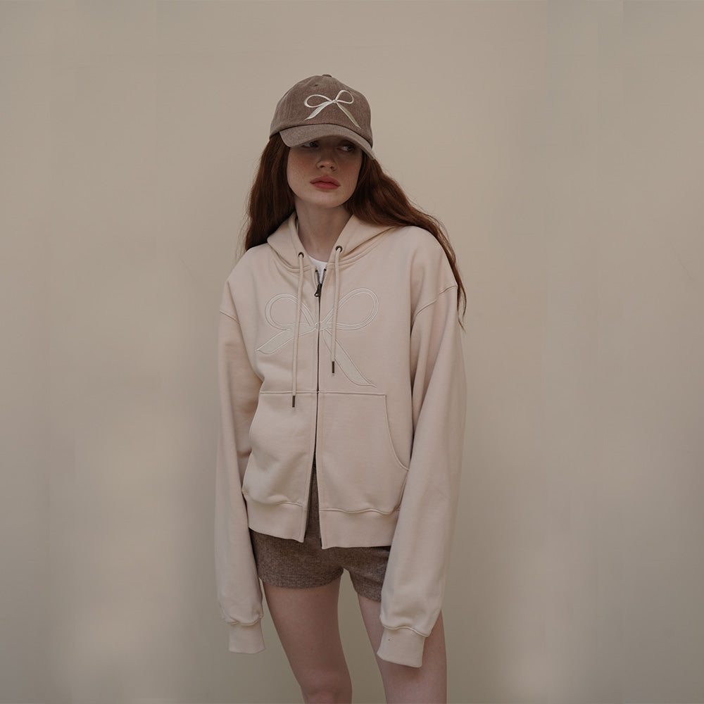 Cream Velvet Ribbon Hoodie Zip-up