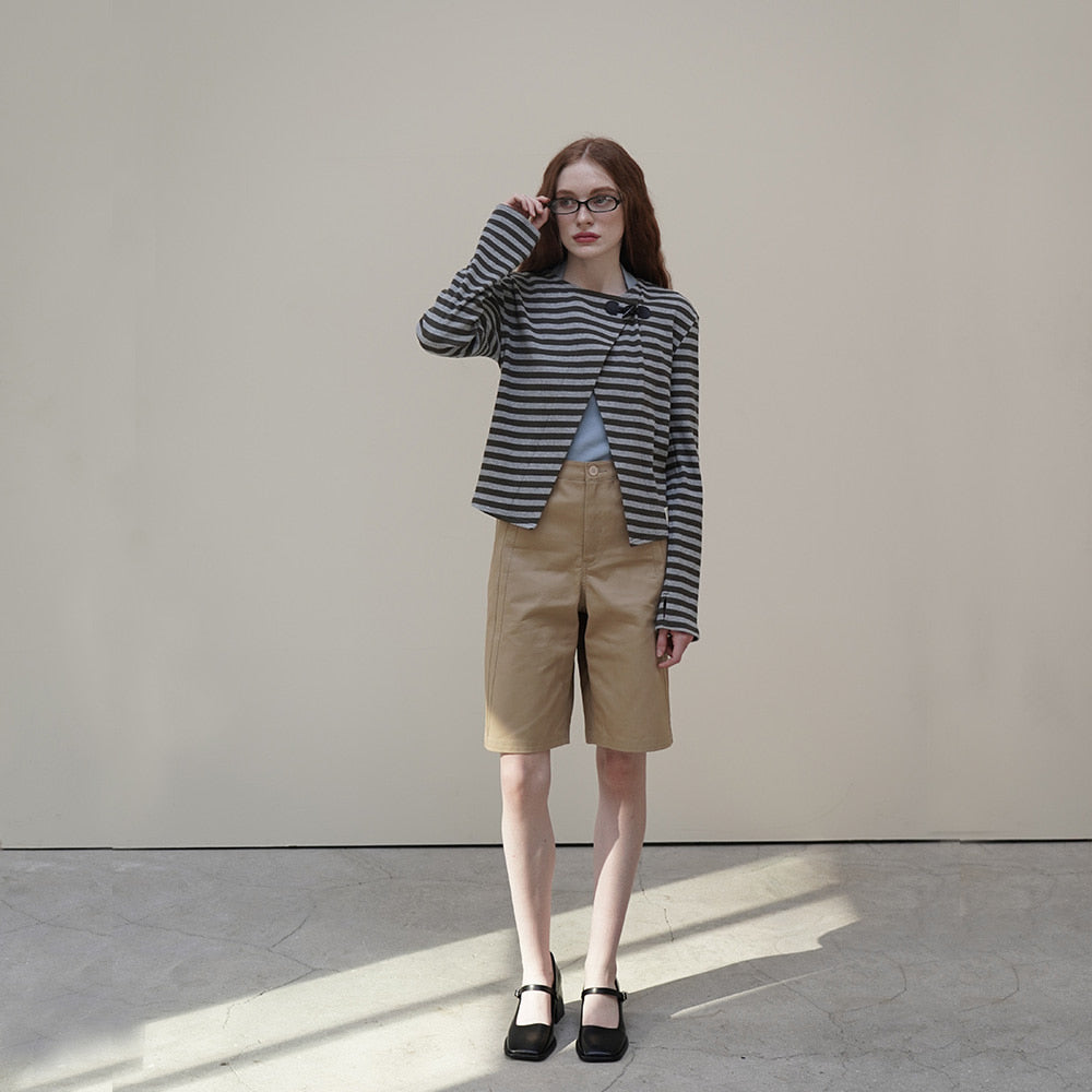 Khaki Toggle Patch Stripe Cardigan