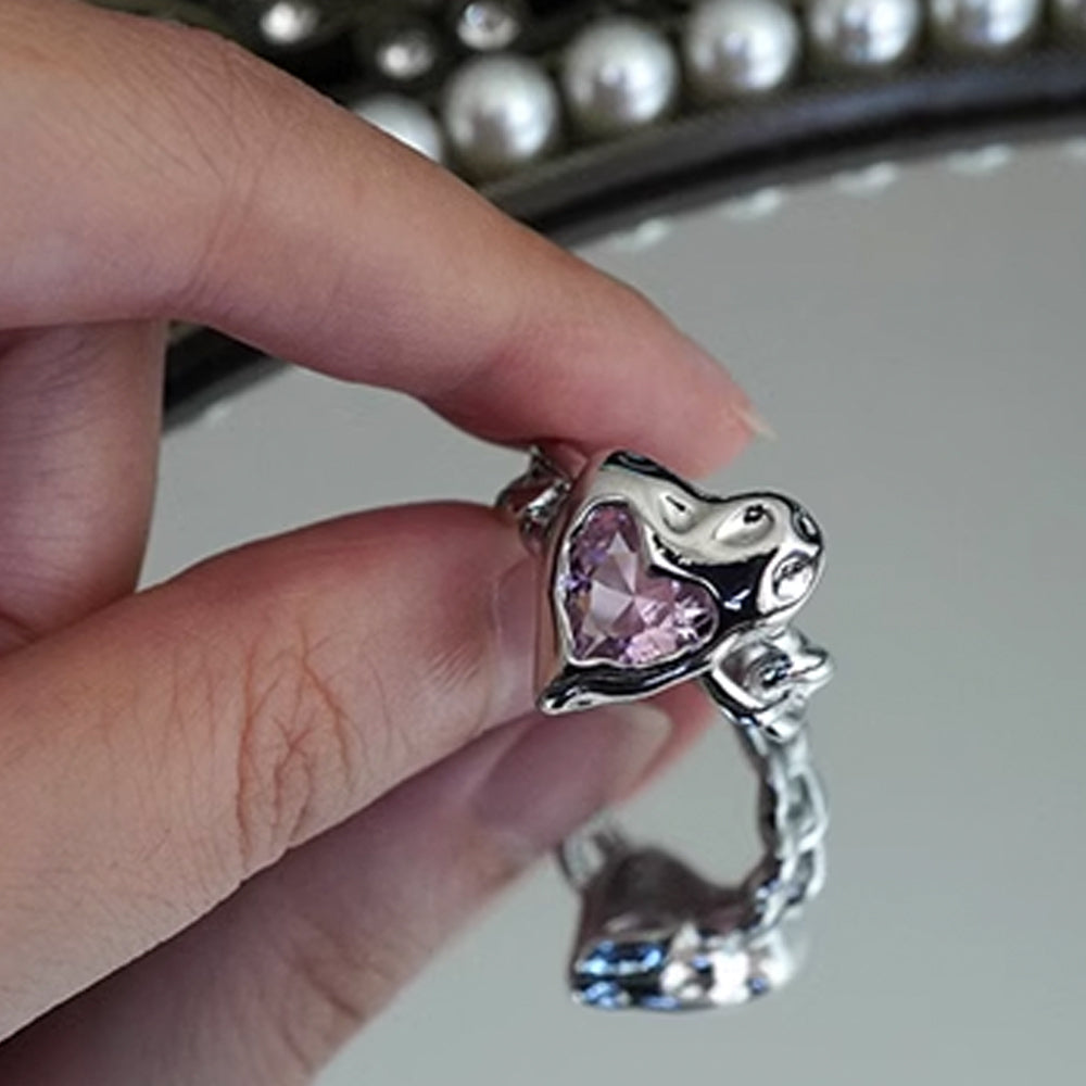 Pink Heart Cubic Silver Open Ring