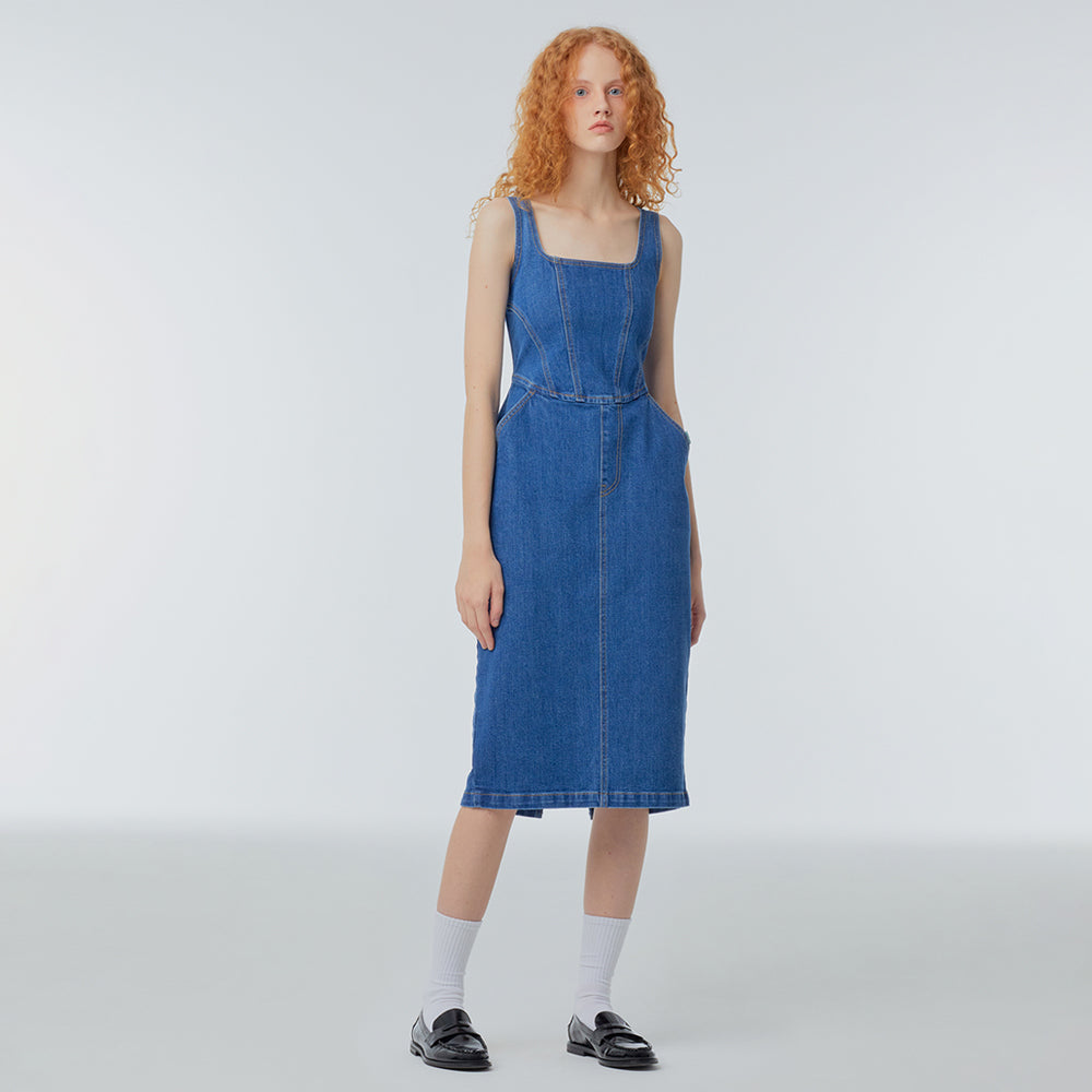 Square-neck denim corset dress