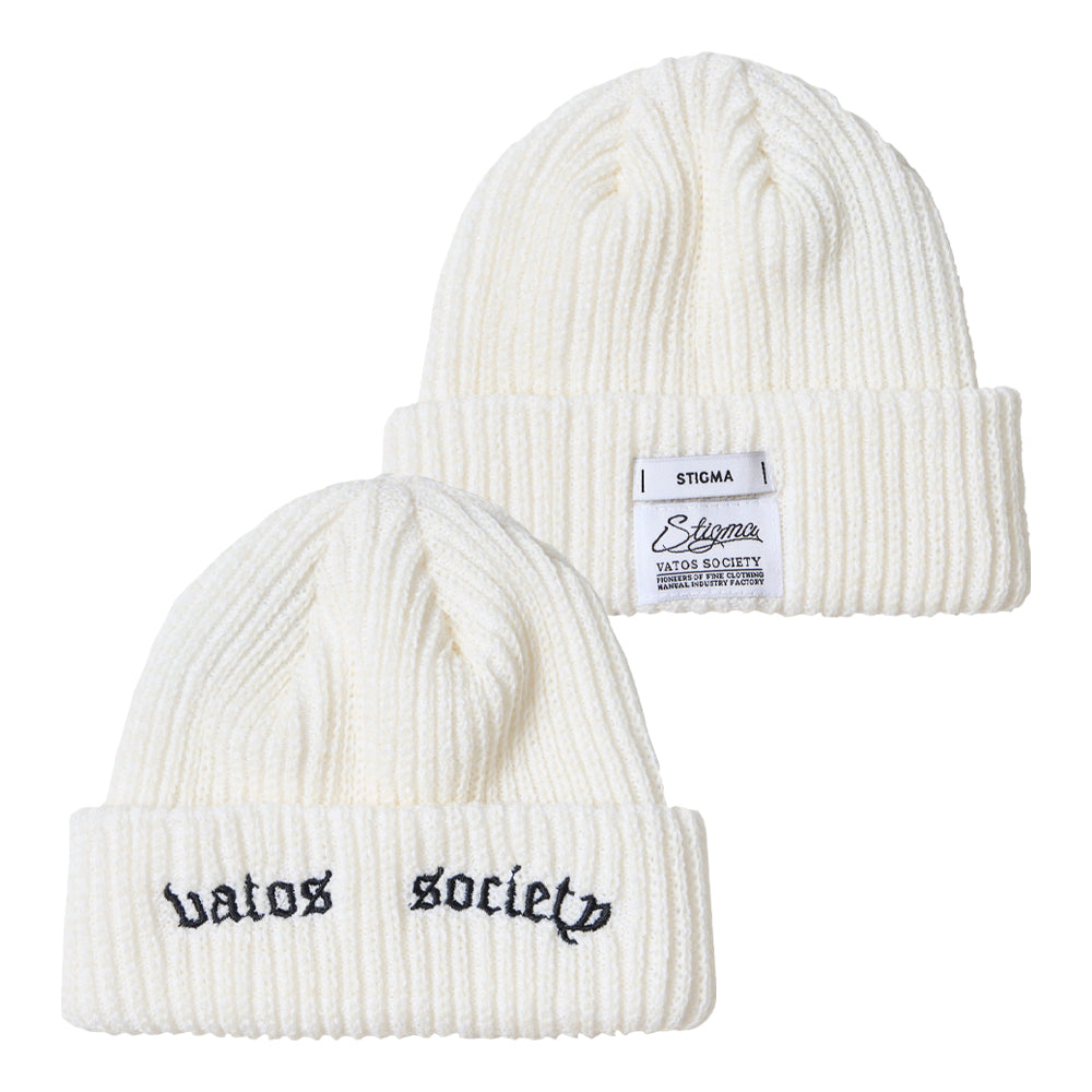 VATOS SOCIETY EMBROIDERED BEANIE WHITE / BLACK