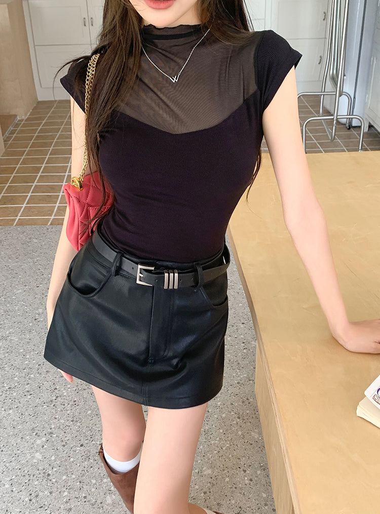 Belted leather short pants skirt