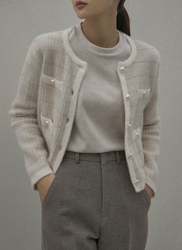 フェイクアンゴラツイードクロップニットジャケット / (R-JK-2586) Fake Angora Tweed Cropped Knitwear Jacket