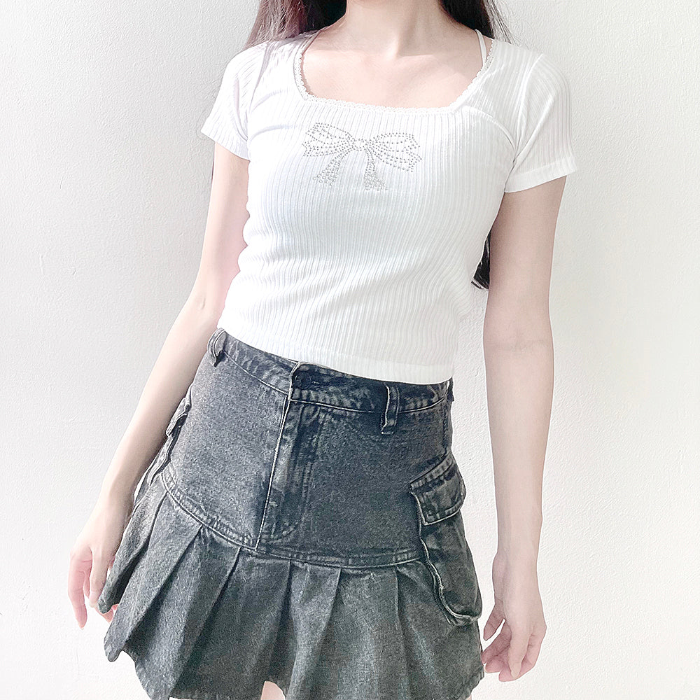 Shine Ribbon Cubic Lace T-Shirt (White)