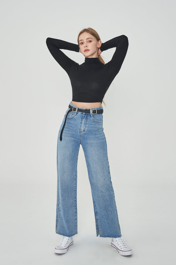  SONG JI HYO, VIVIZ EUNHA, SISTAR HYRIN, EVERGLOW AISHA, NATURE LU, STAYC ISA, FROMIS_9 SAEROM WORNSEMI WIDE FIT BELT SET SLIT DENIM PANTS [6607]