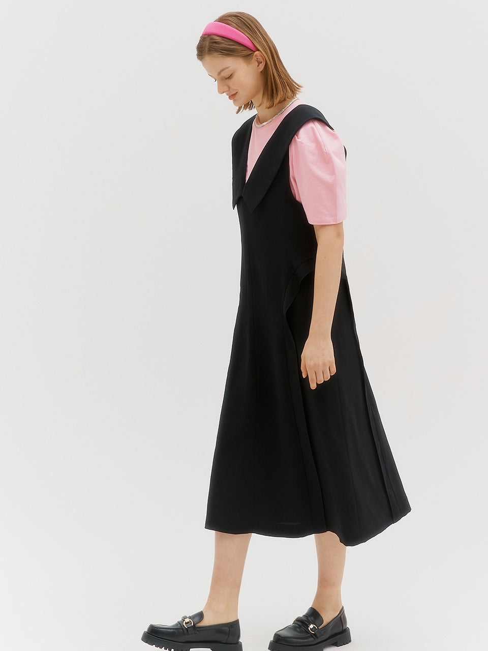 Collar point layered dress - Black