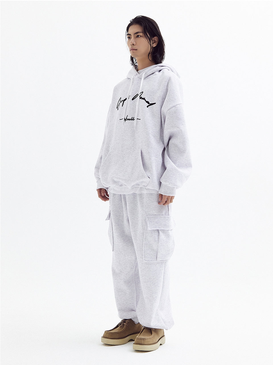 Balloon over cargo fleece jogger pants White Melange