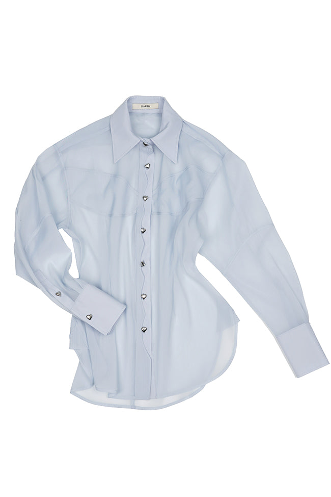 HEART BUTTON PINTUCK ORGANZA SHIRT IN SKY BLUE