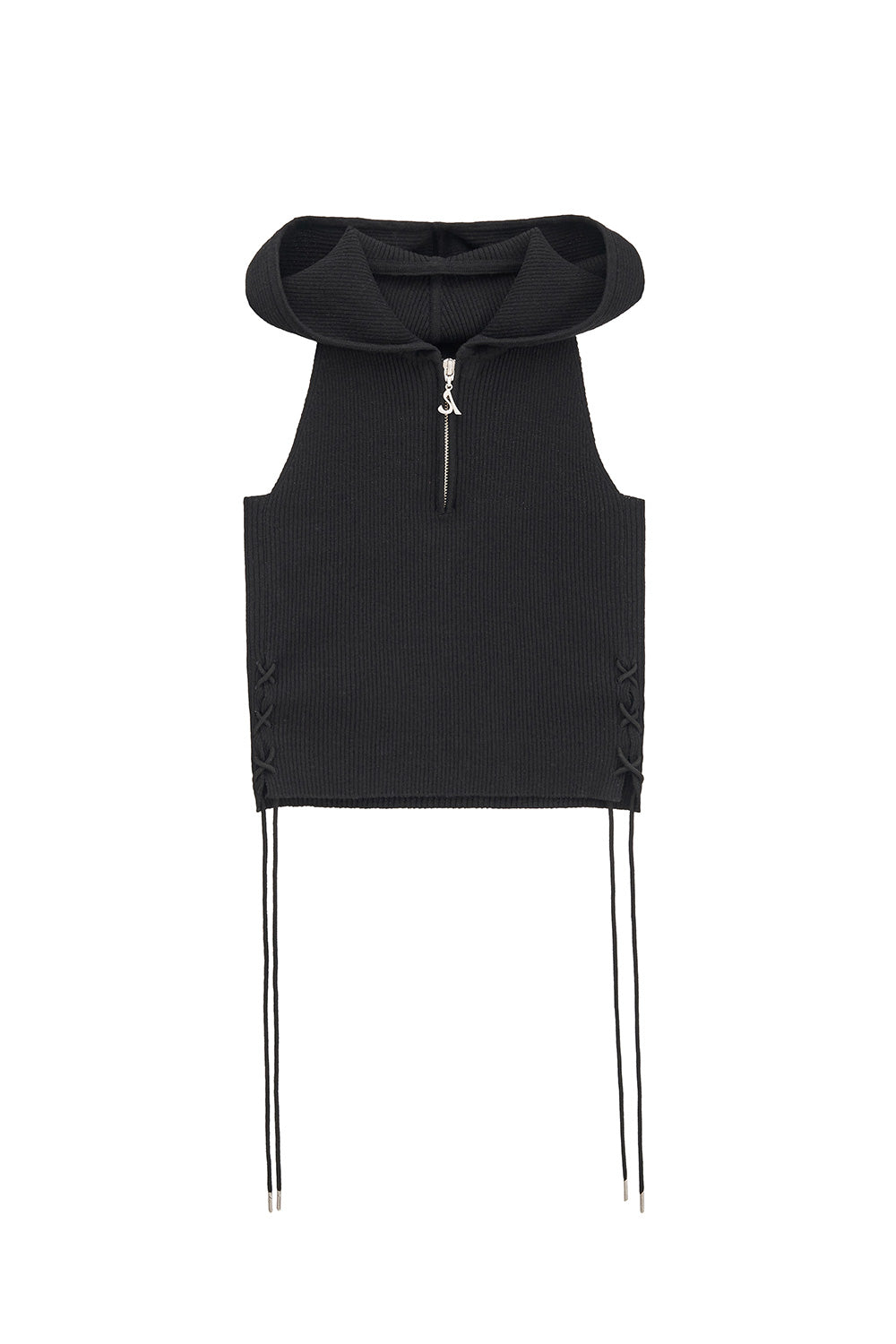 LACE-UP HALTER HOODED KNIT SLEEVELESS (BLACK)